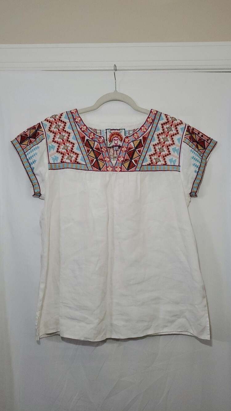 Johnny Was Ezra White Linen Embroidered Geometric Boho Blouse